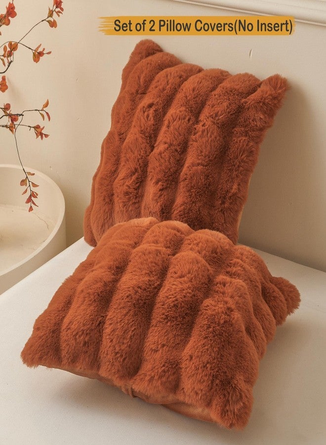 LIFEREVO 2 Pieces Fluffy Faux Rabbit Fur Throw Pillow Covers, Luxury Plush Shaggy 18x18 Bubble Cushion Covers with Zipper, Decorative Furry Fuzzy Pillow Shams for Bed Couch Sofa Chair, Burnt Orange - Image 2