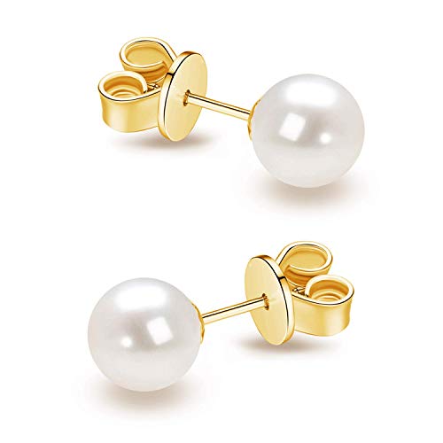 JORA 14K Yellow Gold AAA+ Round 7.5-8mm Freshwater Cultured Pearl Earrings Stud for Women - Image 5