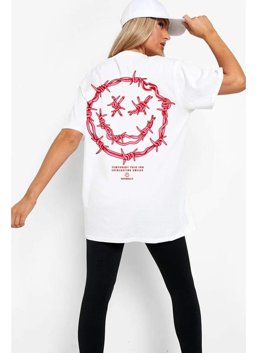 روك اند رول Spiky Face White Short Sleeve Back Printed Oversize Women's T-Shirt