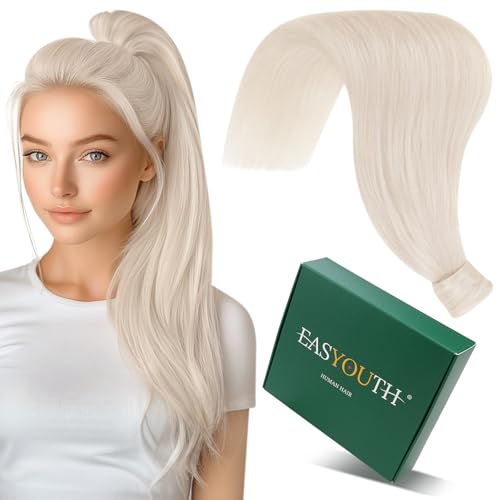 Easyouth Pony Tails Hair Extensions Blonde Hair Extensions Ponytail White Blonde 12 Inch Human Hair Ponytail Extension Natural Look 70g Wrap Around Ponytail Human Hair Short Straight Hair - Image 1