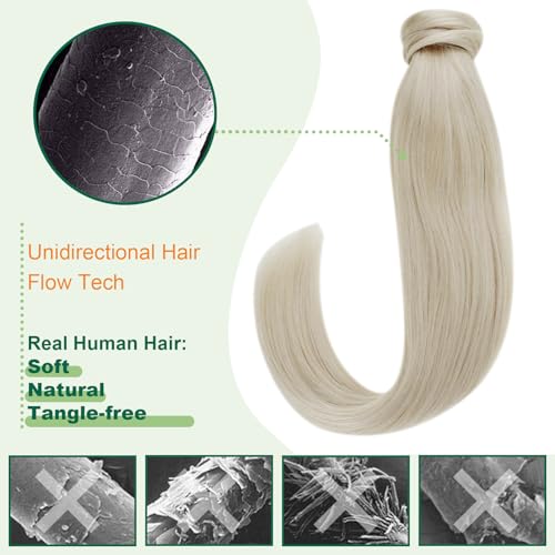 Easyouth Pony Tails Hair Extensions Blonde Hair Extensions Ponytail White Blonde 12 Inch Human Hair Ponytail Extension Natural Look 70g Wrap Around Ponytail Human Hair Short Straight Hair - Image 4