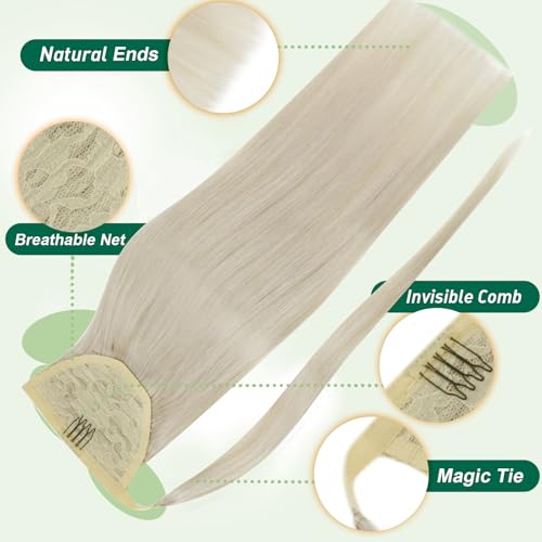 Easyouth Pony Tails Hair Extensions Blonde Hair Extensions Ponytail White Blonde 12 Inch Human Hair Ponytail Extension Natural Look 70g Wrap Around Ponytail Human Hair Short Straight Hair - Image 3