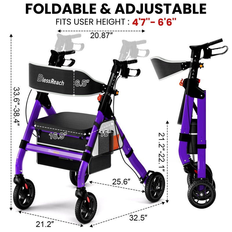 BlessReach Heavy-Duty Aluminum Rolling Walker - Foldable Rollator Walkers with Seat for Seniors, 450 lb Capacity, 8'' Wheels, 18" Big Seat, 6-Position Adjustable Height(Purple) - Image 4