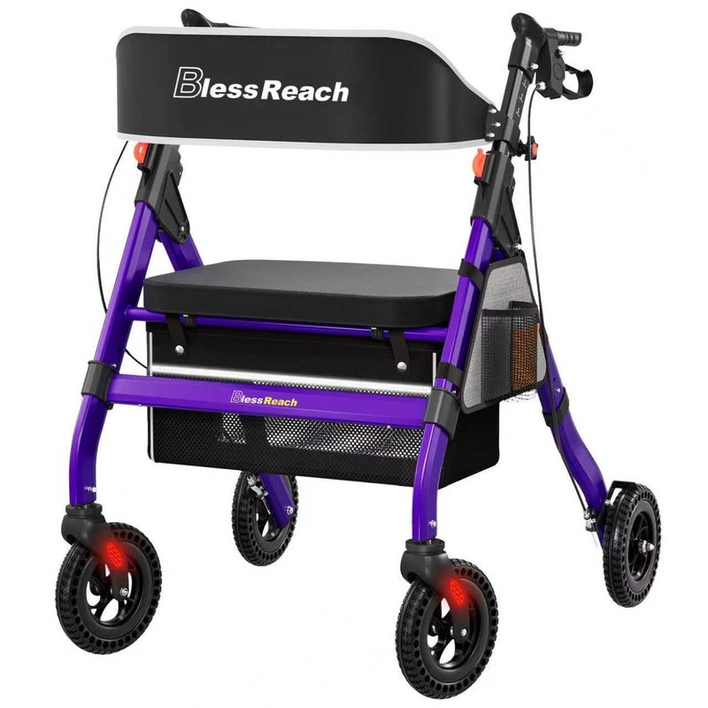 BlessReach Heavy-Duty Aluminum Rolling Walker - Foldable Rollator Walkers with Seat for Seniors, 450 lb Capacity, 8'' Wheels, 18" Big Seat, 6-Position Adjustable Height(Purple) - Image 1