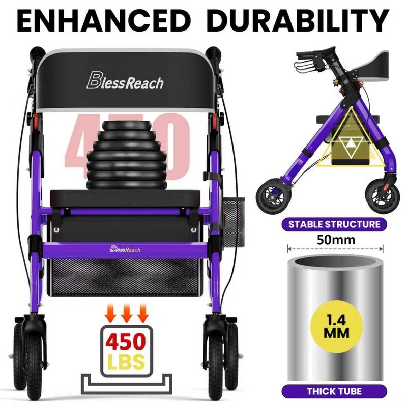 BlessReach Heavy-Duty Aluminum Rolling Walker - Foldable Rollator Walkers with Seat for Seniors, 450 lb Capacity, 8'' Wheels, 18" Big Seat, 6-Position Adjustable Height(Purple) - Image 2