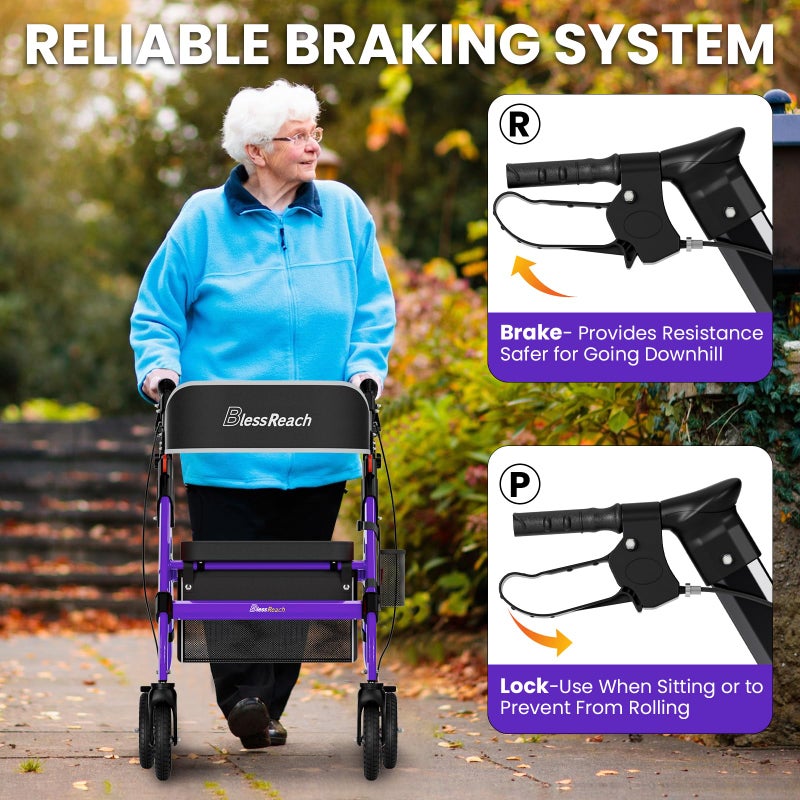 BlessReach Heavy-Duty Aluminum Rolling Walker - Foldable Rollator Walkers with Seat for Seniors, 450 lb Capacity, 8'' Wheels, 18" Big Seat, 6-Position Adjustable Height(Purple) - Image 5