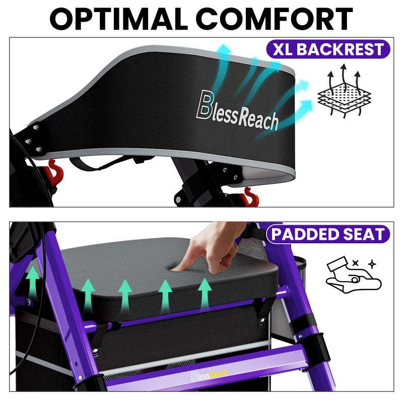 BlessReach Heavy-Duty Aluminum Rolling Walker - Foldable Rollator Walkers with Seat for Seniors, 450 lb Capacity, 8'' Wheels, 18" Big Seat, 6-Position Adjustable Height(Purple) - Image 3