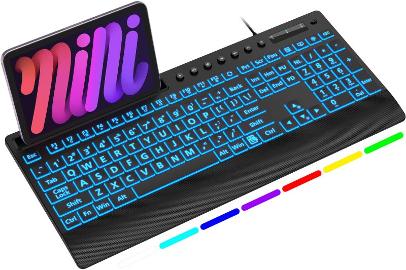 SABLUTE K31PRO Large Print Backlit Keyboard Plug and Play USB Wired Computer Keyboard with 7 Color LED Memory Phone Holder Wrist Rest Full Size Quiet Keyboard for Windows PC Laptop Mac OS - Image 2