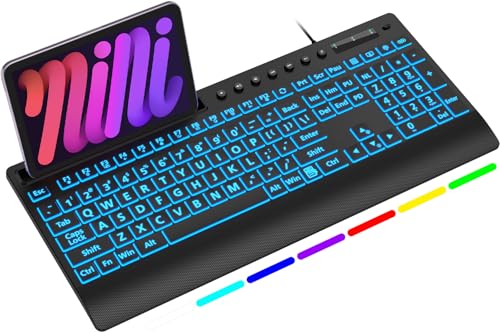 SABLUTE K31PRO Large Print Backlit Keyboard Plug and Play USB Wired Computer Keyboard with 7 Color LED Memory Phone Holder Wrist Rest Full Size Quiet Keyboard for Windows PC Laptop Mac OS - Image 1