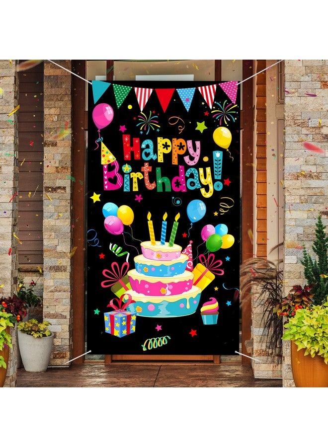Tatuo Colorful Happy Birthday Banner Door Cover Porch Sign Happy Birthday Photography Black Background Hanger Party Supplies for Home Outdoor Baby Shower Wall Decoration - Image 1