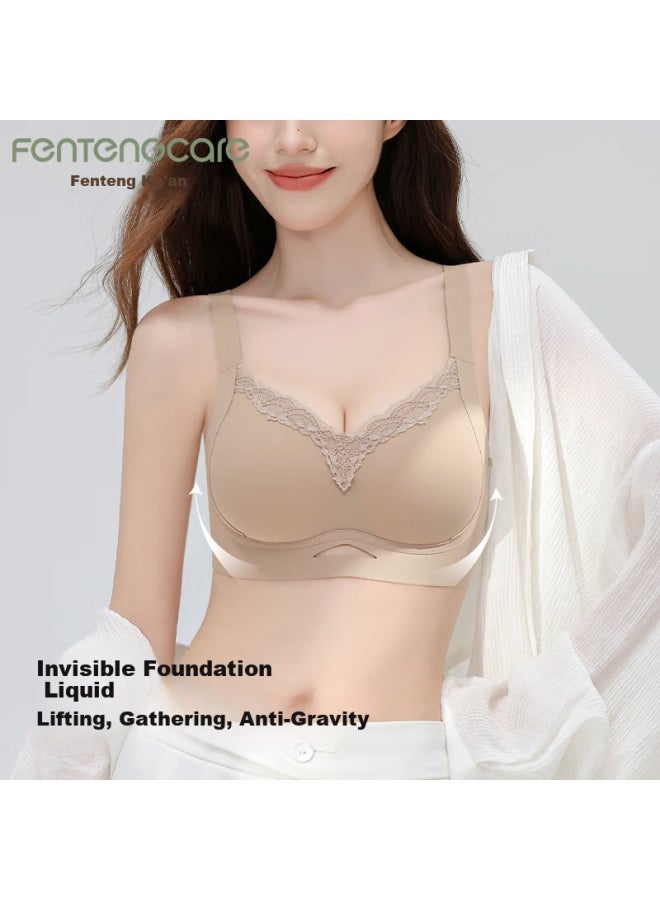 Fentengcare Thin Seamless Push-up Lace V-neck Bra Anti-sagging Anti-spread Side Support Wireless Bra