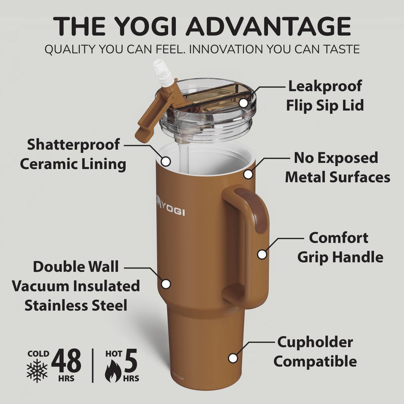 YOGI Ceramic Lined Metal Allergy Safe 40oz Tumbler with Handle and Straw Leakproof Flip & Sip Lid Vacuum Insulated Stainless Steel Travel Cup for Iced Coffee Water and All-Day Hydration 40oz Amber - Image 3