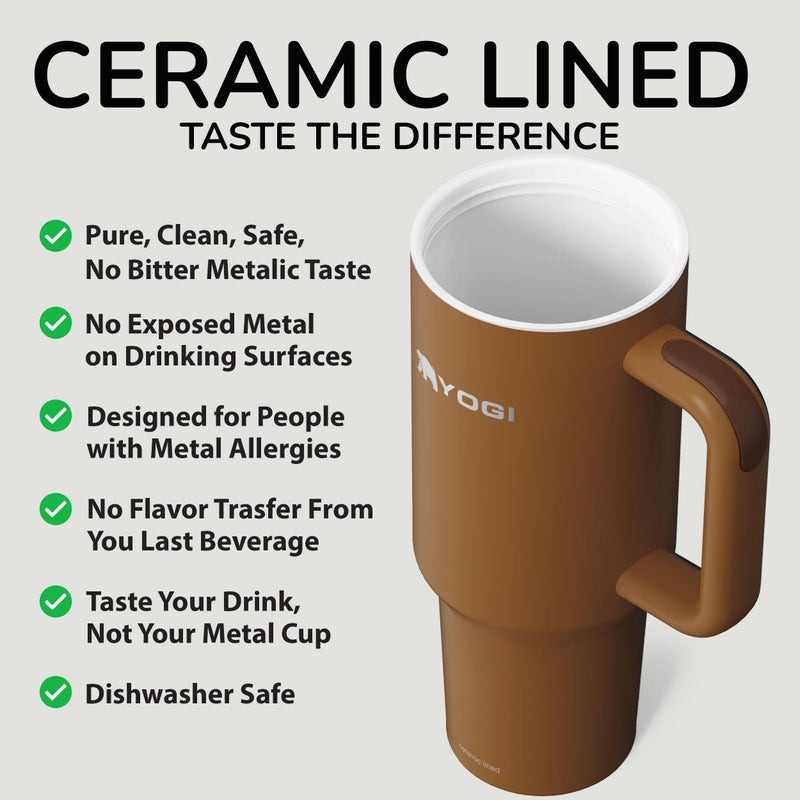 YOGI Ceramic Lined Metal Allergy Safe 40oz Tumbler with Handle and Straw Leakproof Flip & Sip Lid Vacuum Insulated Stainless Steel Travel Cup for Iced Coffee Water and All-Day Hydration 40oz Amber - Image 4