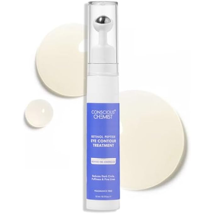 CONSCIOUS CHEMIST كريم تحت العين بالريتينول والبيبتيد مع رولر تدليك مهدئ | رول أون تحت العين للهالات السوداء، الخطوط الدقيقة والعيون المنتفخة | للنساء والرجال | 15 مل - Image 1