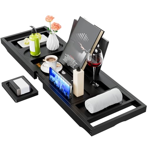 Yirilan Bamboo Bathtub Tray Caddy,Premium Bathtub Tray Caddy, Expandable Bath Tray,Gifts for Women,Black - Image 1