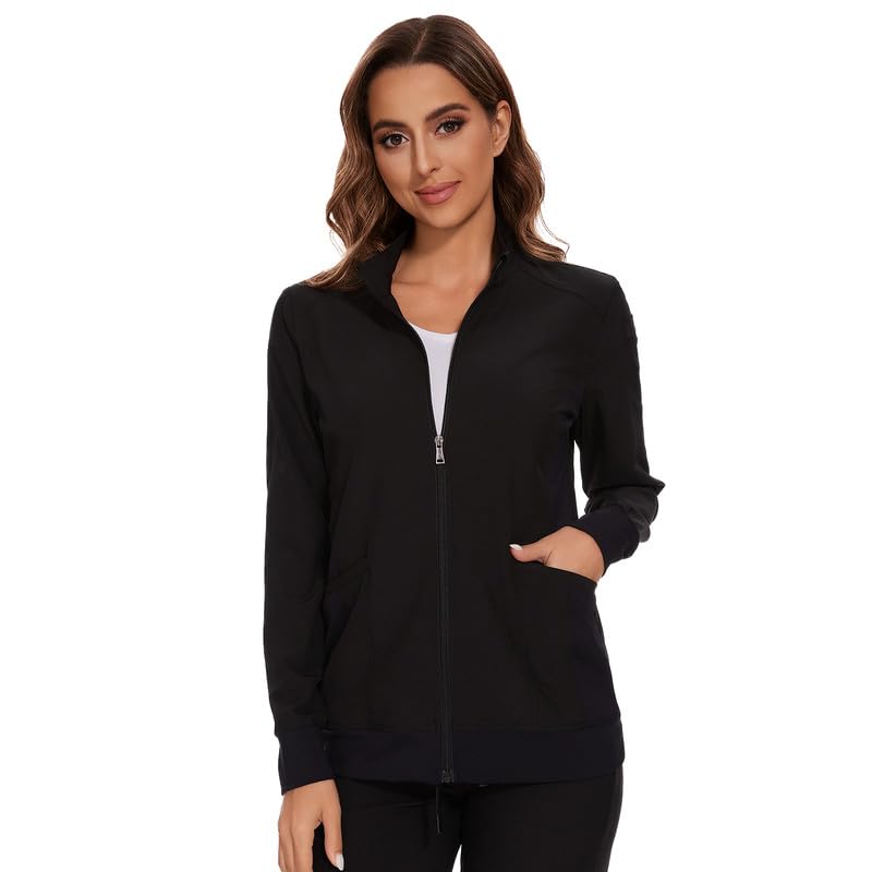 COZYFIT Scrub Jackets for Woman, Zip Front Nurse Jacket, 4-Way Stretch Fabric - Black, XL - Image 1
