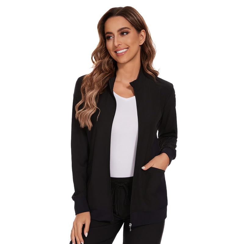 COZYFIT Scrub Jackets for Woman, Zip Front Nurse Jacket, 4-Way Stretch Fabric - Black, XL - Image 5