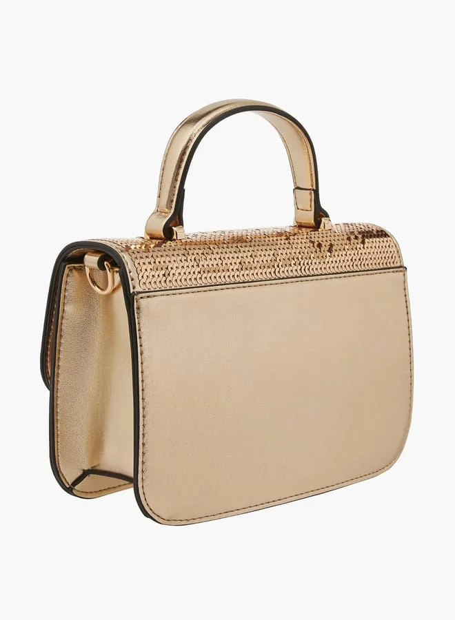 Celeste Women Embellished Satchel Bag with Button Closure and Chain Strap