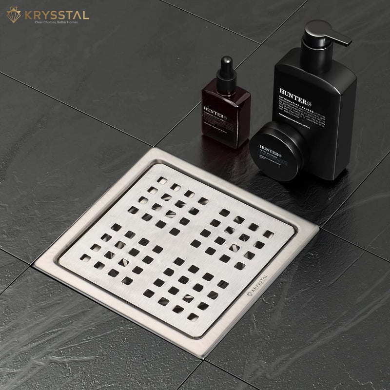 KRYSSTAL Pixel Floor Drain with Advanced Cockroach Trap | 304 Stainless Steel Square Jali | Designer Bathroom Floor Grating | Matte Finish (6x6 Inches) - Image 2