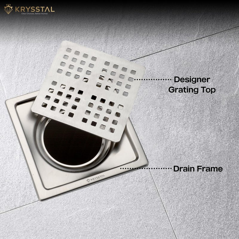 KRYSSTAL Pixel Floor Drain with Advanced Cockroach Trap | 304 Stainless Steel Square Jali | Designer Bathroom Floor Grating | Matte Finish (6x6 Inches) - Image 4