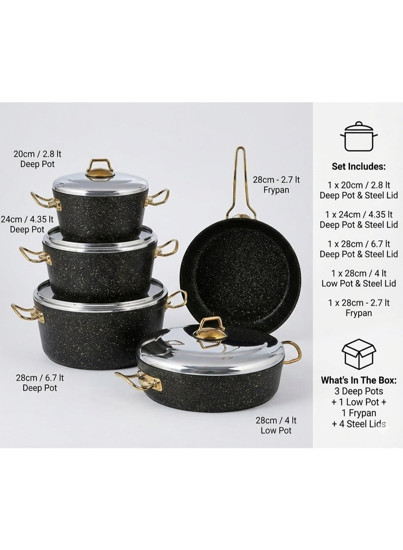 Homemaker طقم أواني طهي جرانيت 9 قطع - أغطية ستانلس ستيل - 3 قدور عميقة - 1 قدر منخفض - 1 مقلاة - سطح غير لاصق - خالي من مادة PFOA - أسود وذهبي - Image 1