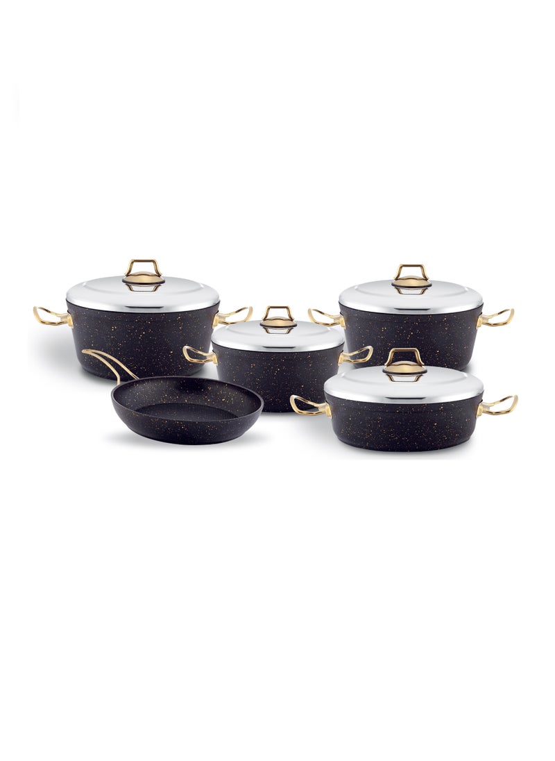 Homemaker 9-Piece Granitec Cookware Set - Stainless Steel Lids - 3 Deep Pots - 1 Low Pot - 1  Frypan - Non-Stick Surface - PFOA Free - Black & Gold  - Image 1