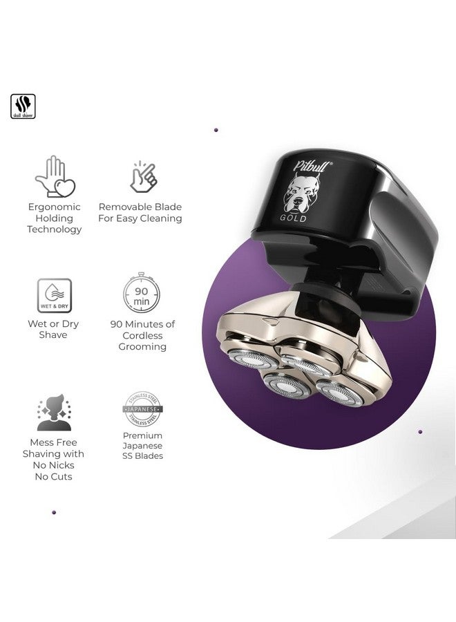 Skull Shaver حلاقة رأس سكول شيفر بيتبول جولد برو للرجال، ماكينة حلاقة رطبة/جافة 4 شفرات مع محول USB أمريكي وكابل شحن، ماكينة حلاقة دوارة قابلة لإعادة الشحن 4D مع بطارية ليثيوم أيون، مجموعة حلاقة مقاومة للماء - Image 2