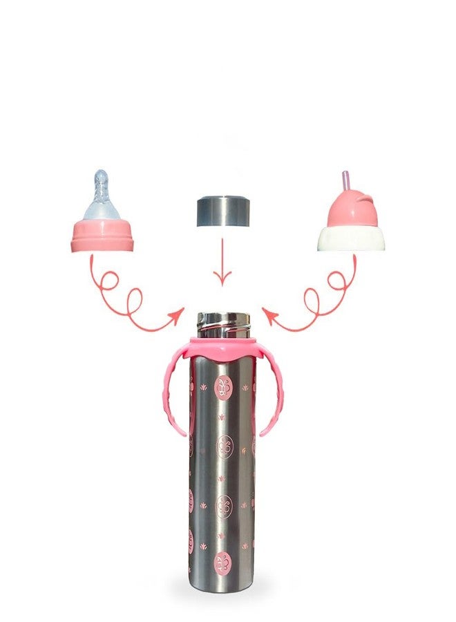 JOYFILLS 3 in 1 Baby Stainless Steel Multi-Functional Thermal Insulation Feeding Bottle| Sipper, Nipple & Straw| Water, Milk, Juices Feeder| Anti-Slip with Anti-Colic Nipple and Handles for Kids/Toddlers/Infants 240 Ml (Steel Pink) - Image 1