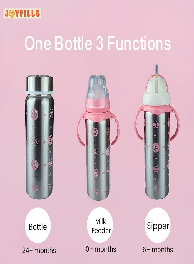 JOYFILLS 3 in 1 Baby Stainless Steel Multi-Functional Thermal Insulation Feeding Bottle| Sipper, Nipple & Straw| Water, Milk, Juices Feeder| Anti-Slip with Anti-Colic Nipple and Handles for Kids/Toddlers/Infants 240 Ml (Steel Pink) - Image 2
