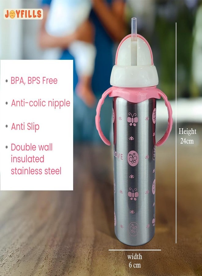 JOYFILLS 3 in 1 Baby Stainless Steel Multi-Functional Thermal Insulation Feeding Bottle| Sipper, Nipple & Straw| Water, Milk, Juices Feeder| Anti-Slip with Anti-Colic Nipple and Handles for Kids/Toddlers/Infants 240 Ml (Steel Pink) - Image 4