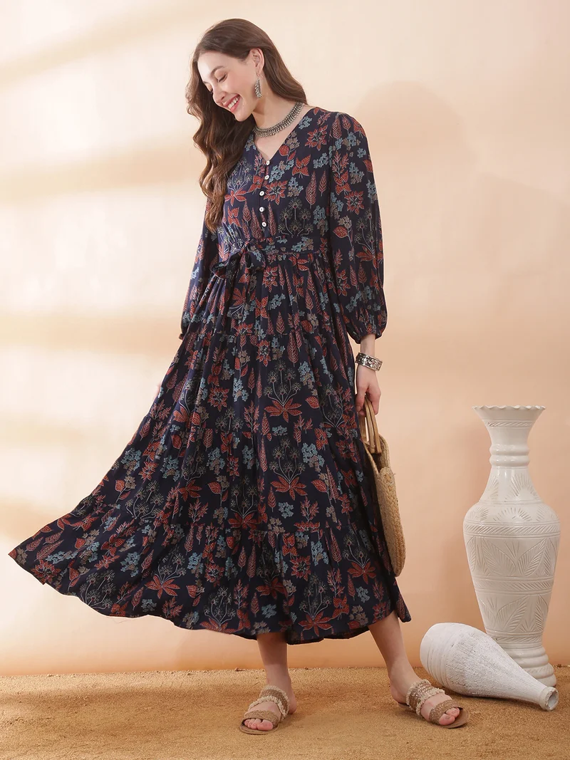 جلو باص Globus Women Navy Blue V-Neck Bishop Sleeve Floral Print Belted Gathered & Tiered A-Line Maxi Dress