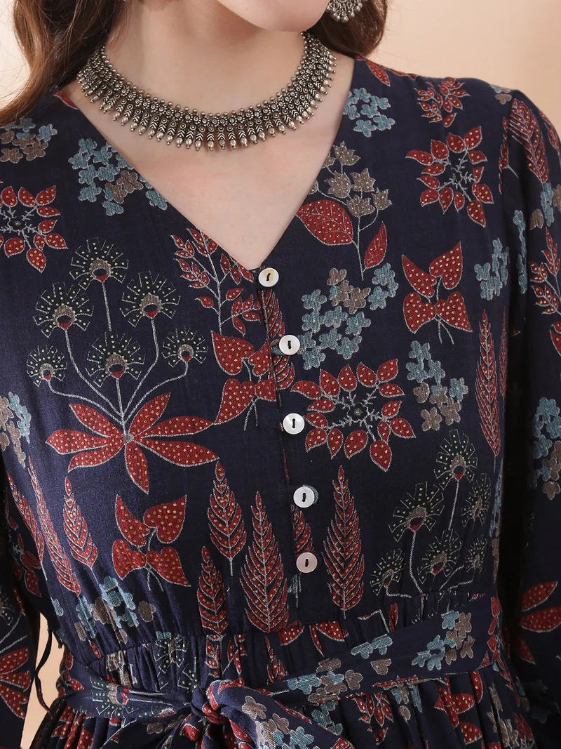 globus  Globus Women Navy Blue V-Neck Bishop Sleeve Floral Print Belted Gathered & Tiered A-Line Maxi Dress for Women | Best Price UAE