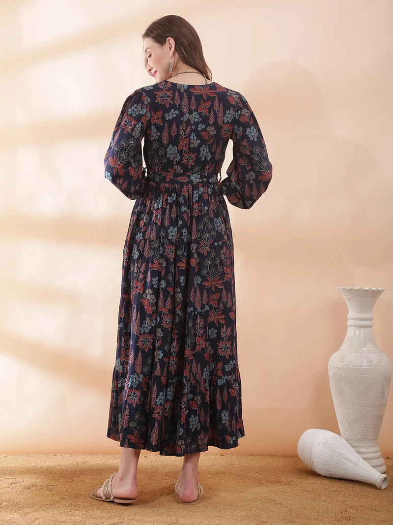 globus  Globus Women Navy Blue V-Neck Bishop Sleeve Floral Print Belted Gathered & Tiered A-Line Maxi Dress for Women | Best Price UAE
