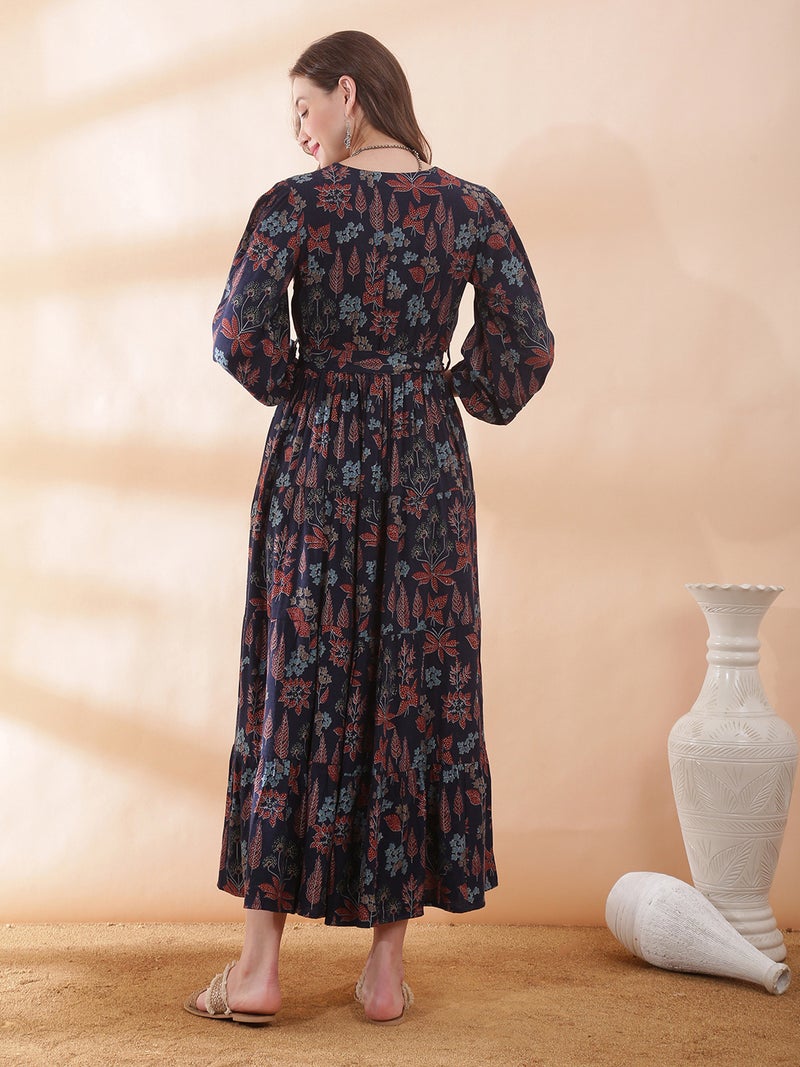 Globus Women Navy Blue V-Neck Bishop Sleeve Floral Print Belted Gathered & Tiered A-Line Maxi Dress - Image 4
