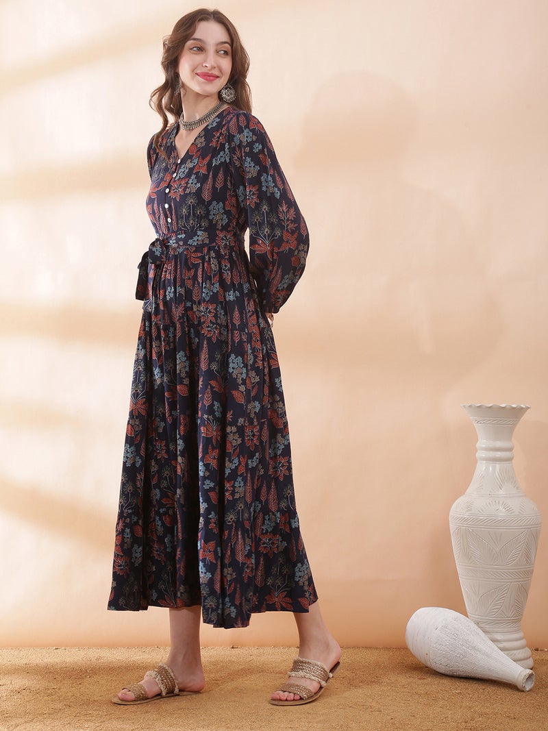 Globus Women Navy Blue V-Neck Bishop Sleeve Floral Print Belted Gathered & Tiered A-Line Maxi Dress - Image 3