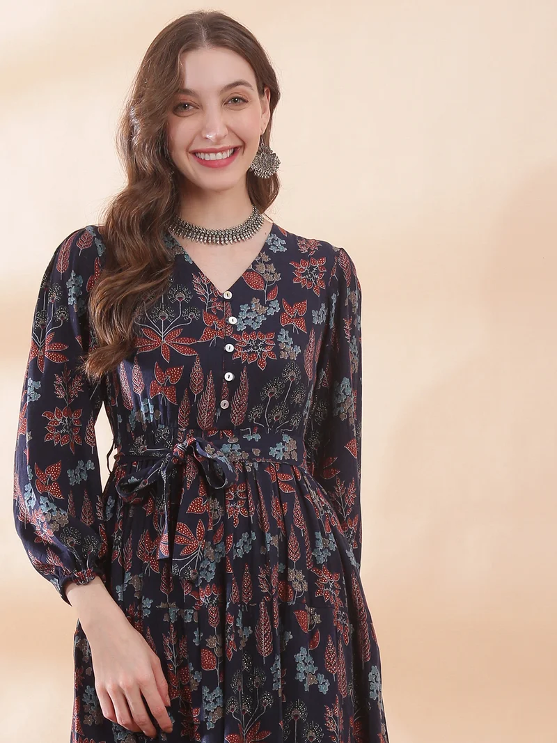 globus  Globus Women Navy Blue V-Neck Bishop Sleeve Floral Print Belted Gathered & Tiered A-Line Maxi Dress for Women | Best Price UAE