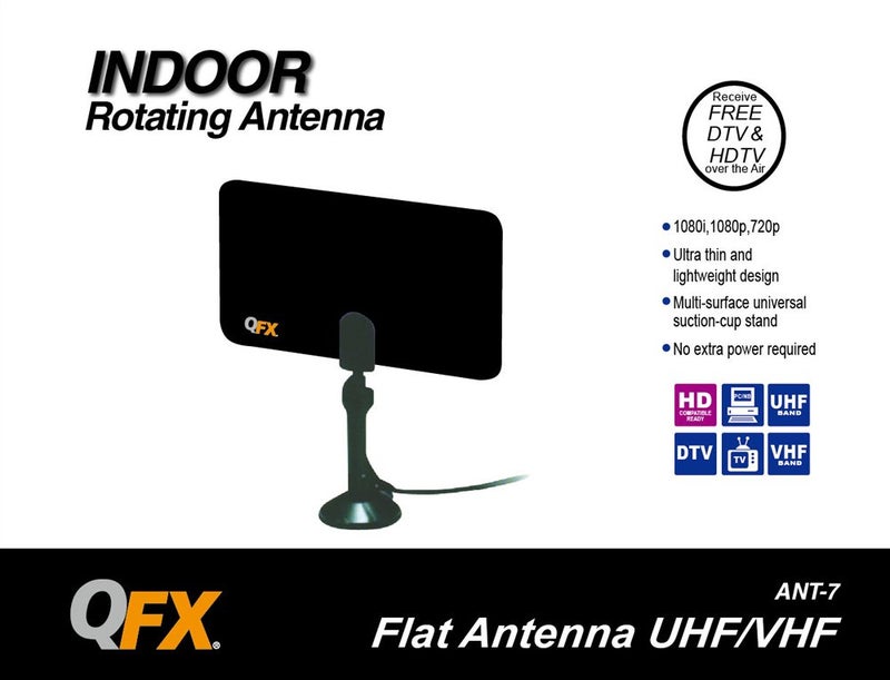 QFX ANT-7 BLK/BL Indoor Rotating Flat Panel HD TV and Digital TV Antenna with Suction Cup Stand and 35 Mile Range - DTV, VHF, UHF Ready, Black - Image 2