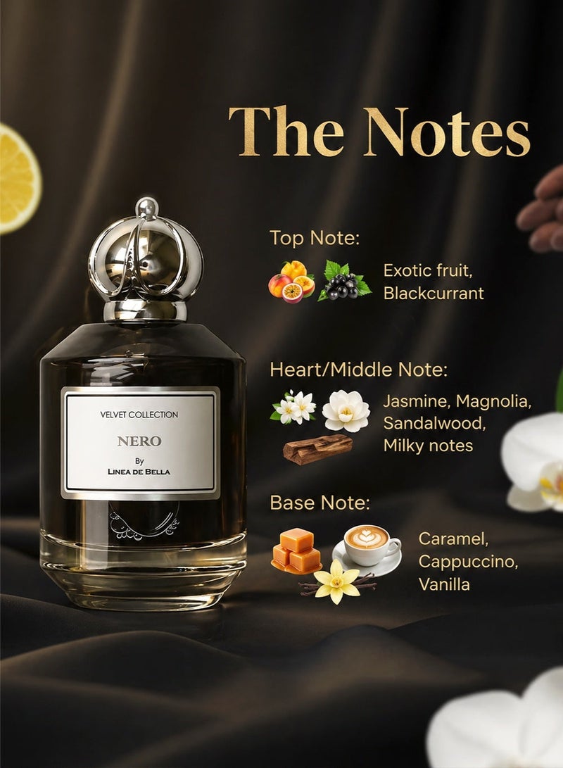 Linea De Bella Velvet Nero Eau de Parfum 100ml – Long Lasting Unisex Perfume with Exotic Fruits, Blackcurrant, Jasmine, Magnolia, Sandalwood, Vanilla & Caramel Cappuccino - Image 2