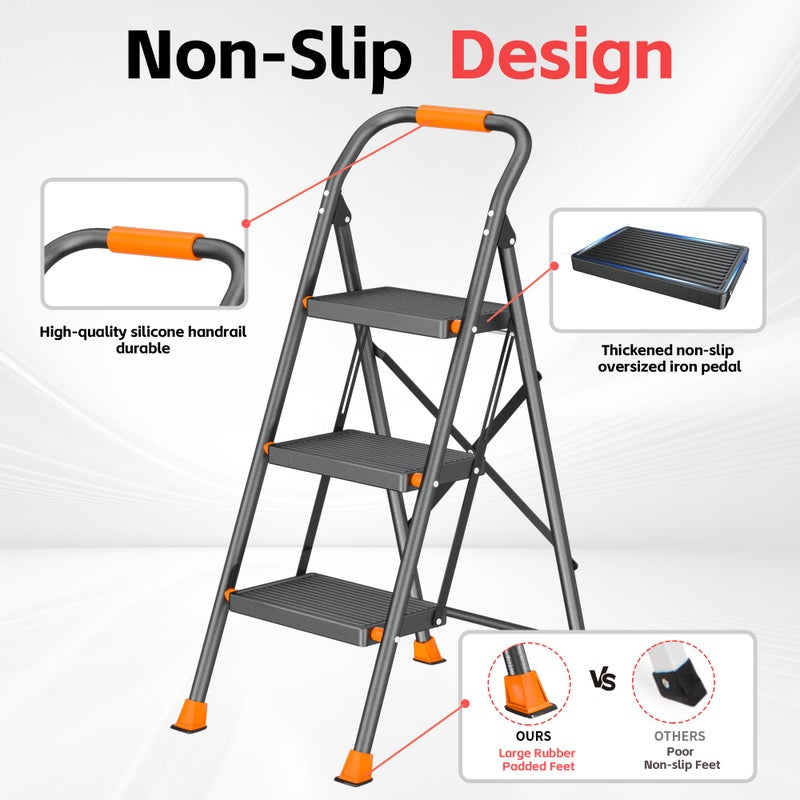 DIAMONDFORGE Step Ladder Foldable Folding Stool - for Home Adults Kitchen 3 Stepping Extension Tall Heavy Duty with Handrails - Closet Stepstool Stair Ladders Extendable Stepladder for Indoor House 600Lbs - Image 3