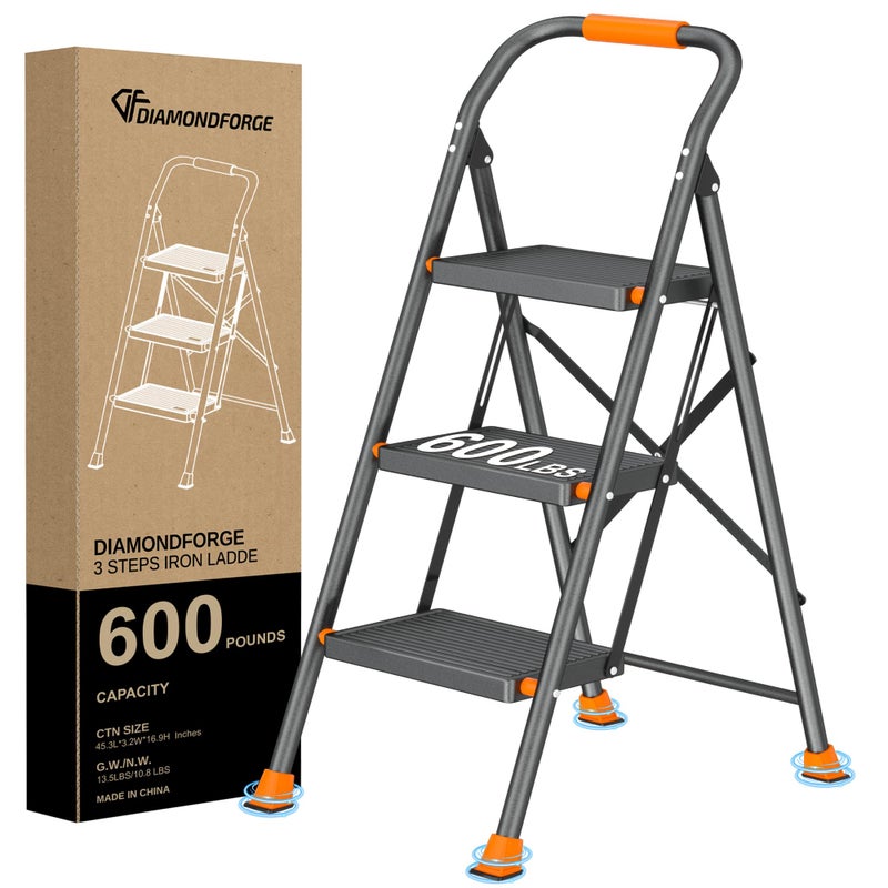 DIAMONDFORGE Step Ladder Foldable Folding Stool - for Home Adults Kitchen 3 Stepping Extension Tall Heavy Duty with Handrails - Closet Stepstool Stair Ladders Extendable Stepladder for Indoor House 600Lbs - Image 1