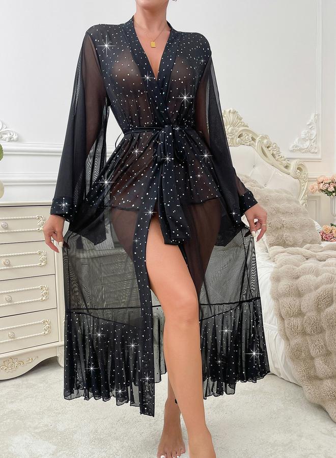 Take Two Black Embellished Long Sleeve Mesh Robe - Image 5