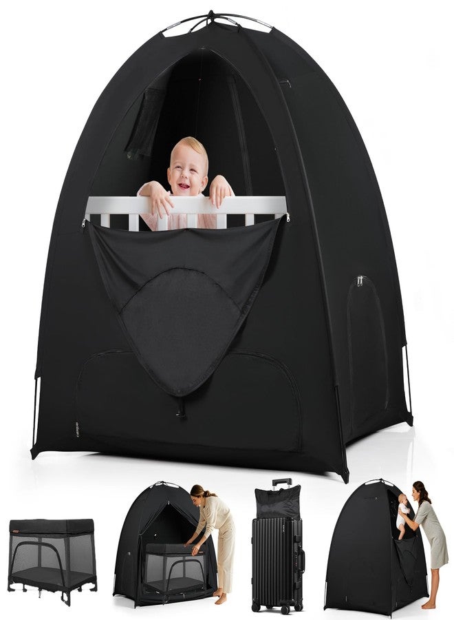 WANRU Blackout Tent for Pack and Play, 95% Light Blocking Portable Sleep Pod, Easy Setup No Tools, Pack n Play Cover Fits Standard Playards, Travel Canopy with Monitor Pouch, Black 53"x37"x55" - Image 1