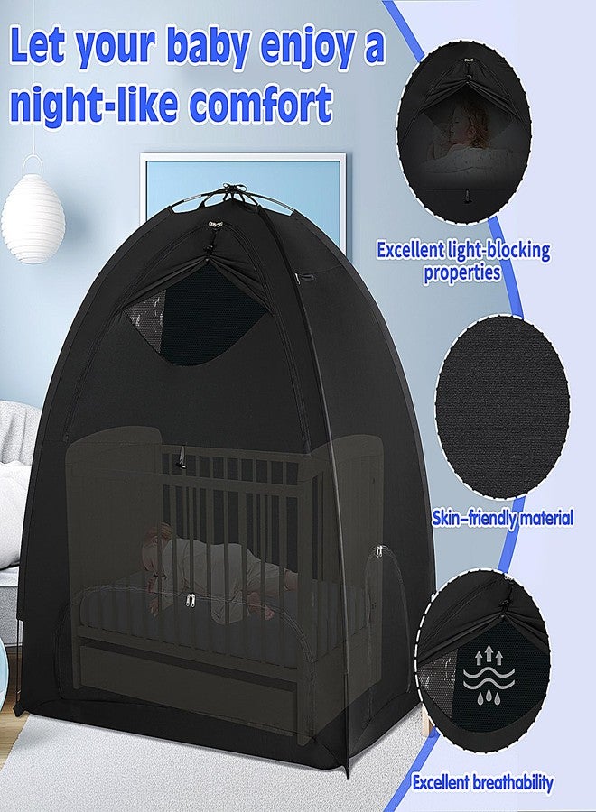 WANRU Blackout Tent for Pack and Play, 95% Light Blocking Portable Sleep Pod, Easy Setup No Tools, Pack n Play Cover Fits Standard Playards, Travel Canopy with Monitor Pouch, Black 53"x37"x55" - Image 2
