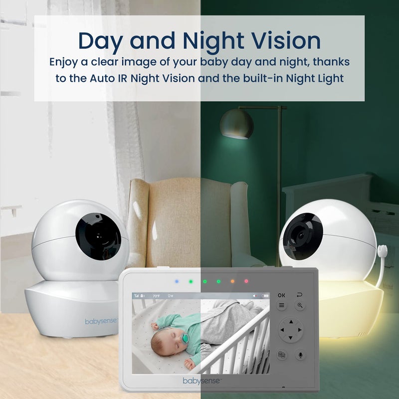 Babysense Baby Monitor with 2 Cameras and Audio 4.3", Non Wifi Baby Monitor, Dual Split Screen, Portable Double Sleep Video Monitoring, Auto Night Vision & Light, Lullabies & White Noise Two-Way Audio - Image 3