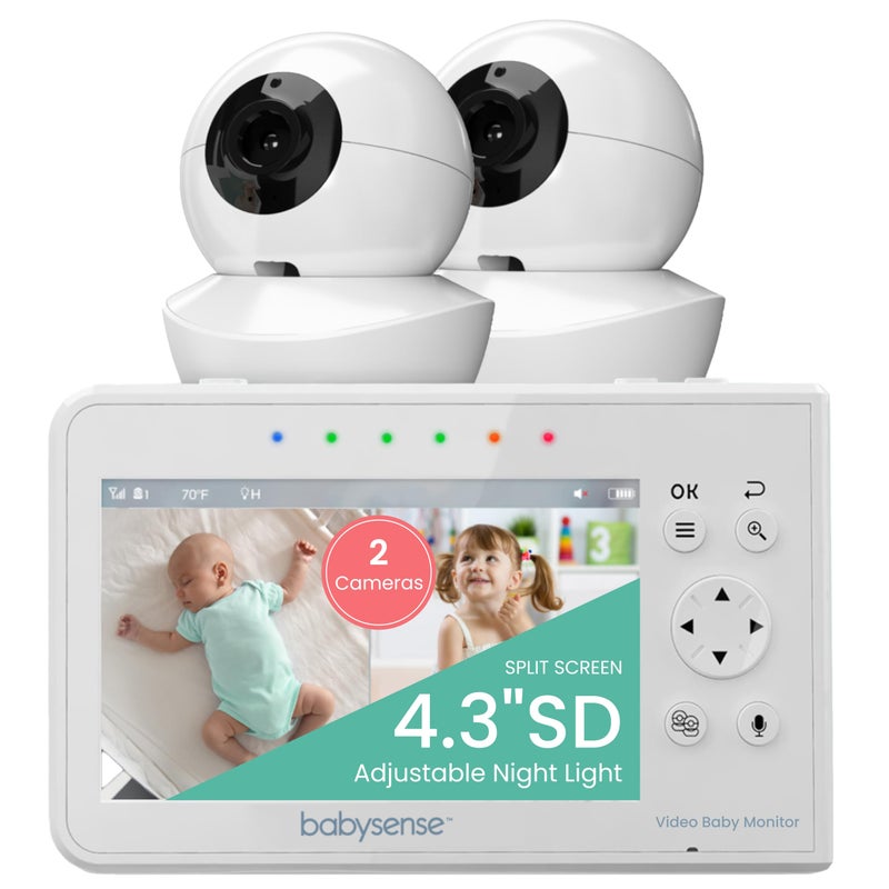 Babysense Baby Monitor with 2 Cameras and Audio 4.3", Non Wifi Baby Monitor, Dual Split Screen, Portable Double Sleep Video Monitoring, Auto Night Vision & Light, Lullabies & White Noise Two-Way Audio - Image 1