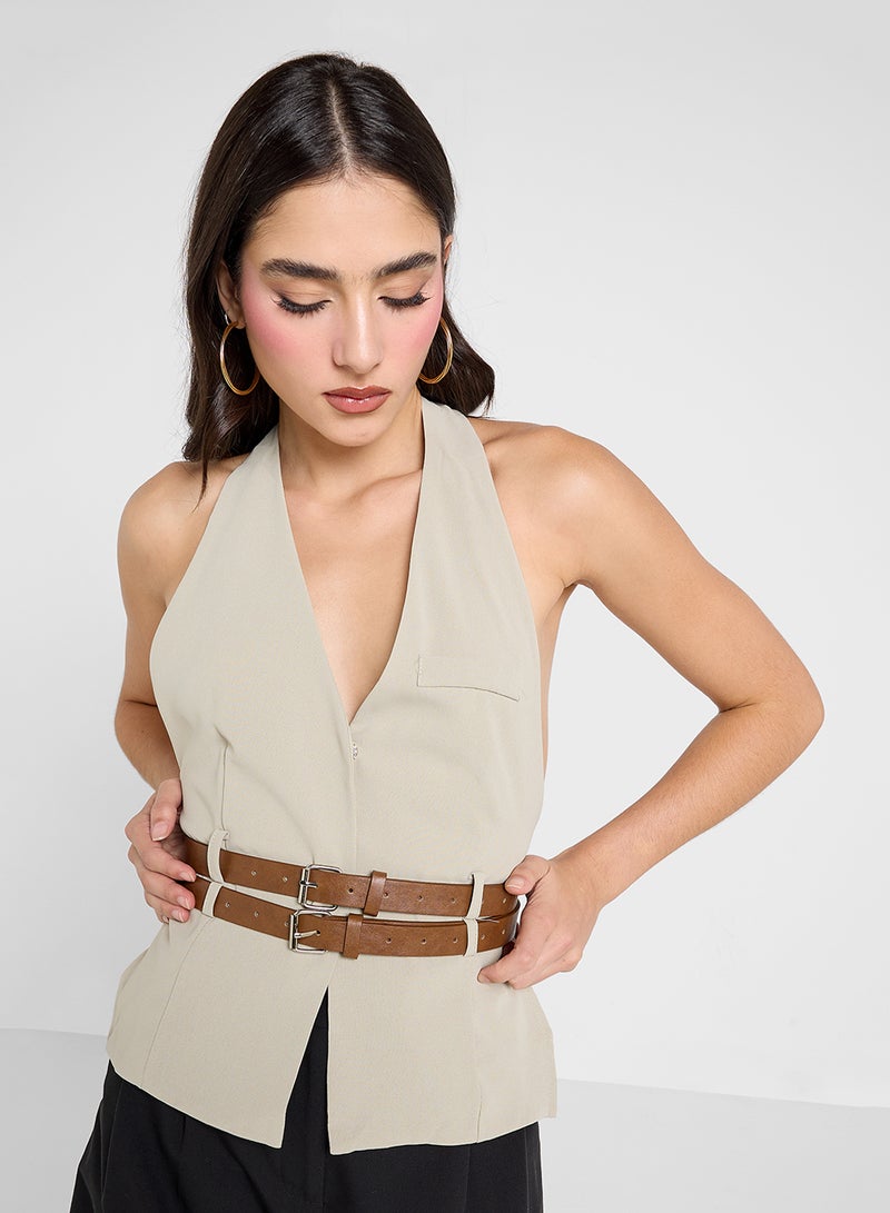 Ginger Halter Neck Vest Waistcoat With Belt - Image 1