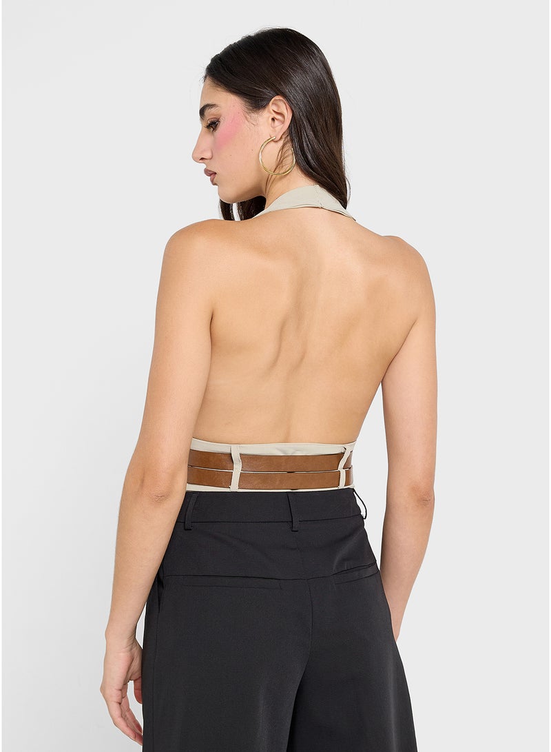 Ginger Halter Neck Vest Waistcoat With Belt - Image 2