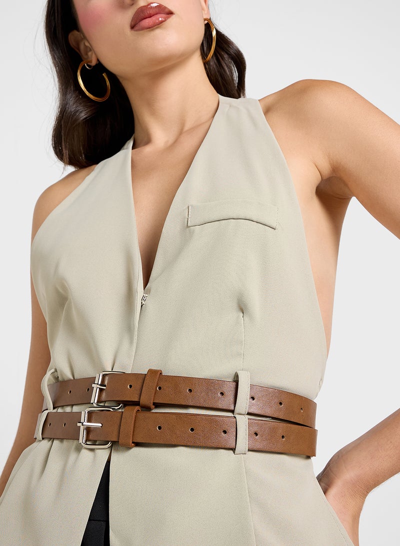 Ginger Halter Neck Vest Waistcoat With Belt - Image 3
