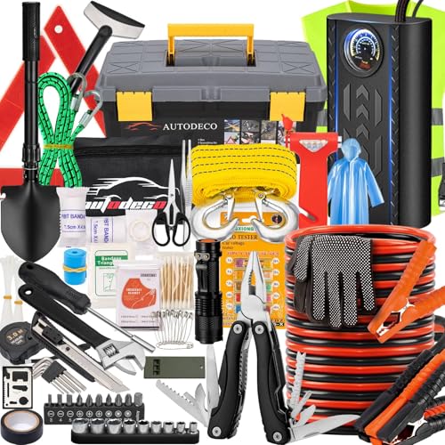 AUTODECO 98 PCS Roadside Car Emergency Assistance Kit with Portable Air Compressor Jumper Cables Safety Hammer All in One Pliers Tool Set（Black） - Image 1