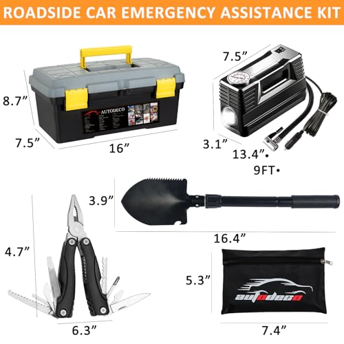 AUTODECO 98 PCS Roadside Car Emergency Assistance Kit with Portable Air Compressor Jumper Cables Safety Hammer All in One Pliers Tool Set（Black） - Image 4